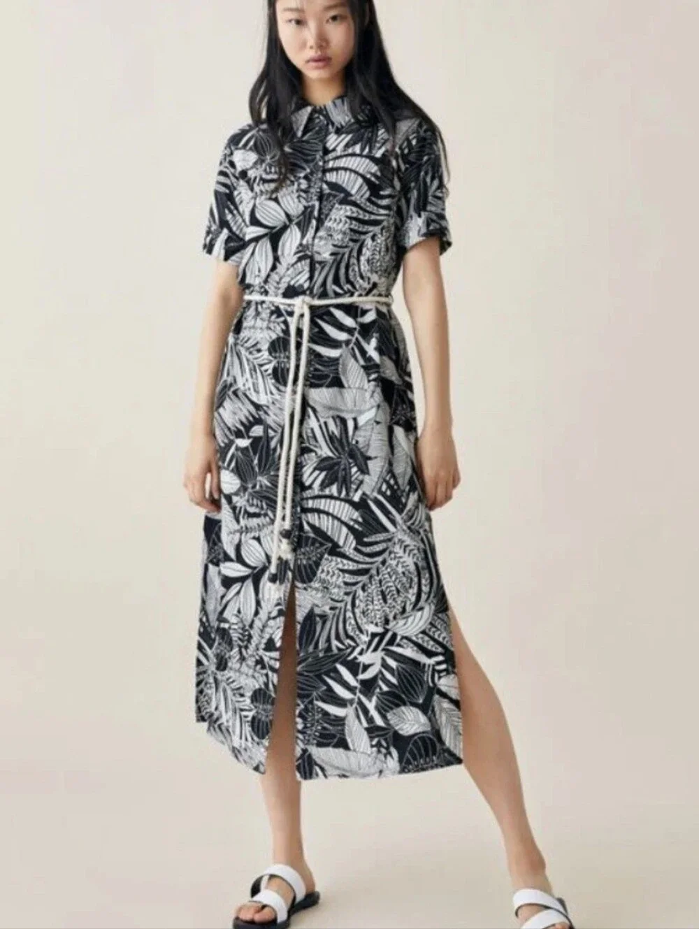zara tropical print midi dress BALLOON SLEEVE PRINTED MIDI DRESS - Multicolored